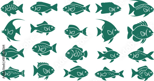 Set of 20 stylized green fish vector icons with unique shapes, fins, and scales for aquatic design and decoration themes.
