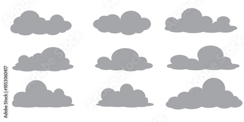 a series of black clumpy cloud vector illustrations, dark cloud bubbles in flat style on a white background	
