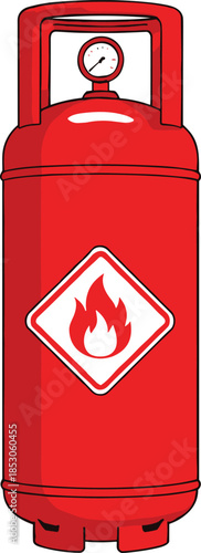 Red gas cylinder with flammable warning symbol representing hazardous fuel storage safety equipment and industrial risk flat vector illustration