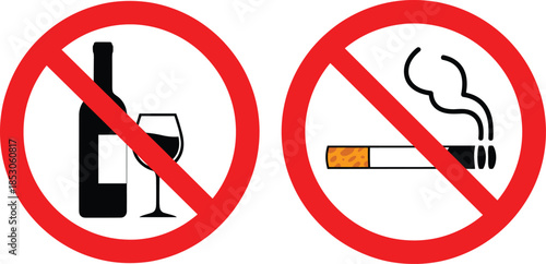 No alcohol and no smoking prohibition signs representing health safety rules and restricted behavior flat vector illustration