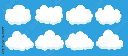 set of vector illustrations of clumpy clouds, cloud bubbles in flat style on a blue background	
