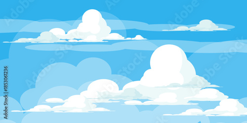 Illustration of a blue sky with white clouds in a flat style. Blue sky background and white clouds. Cartoon sky	