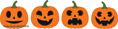 Halloween pumpkin faces set with different expressions representing spooky jack o lantern characters festive autumn flat vector illustration