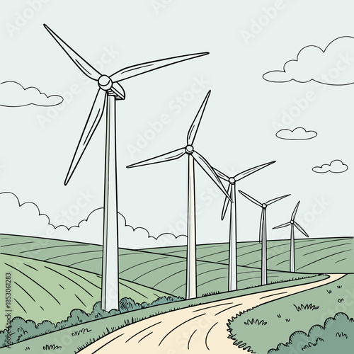 Wind turbines in staggered alignment on rolling hills