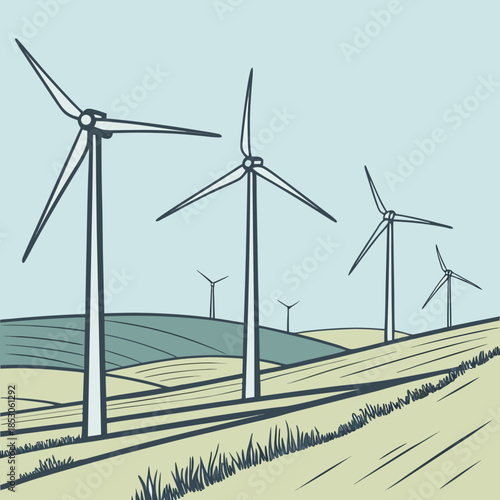 Wind turbines on rolling hills with grass and blue sky