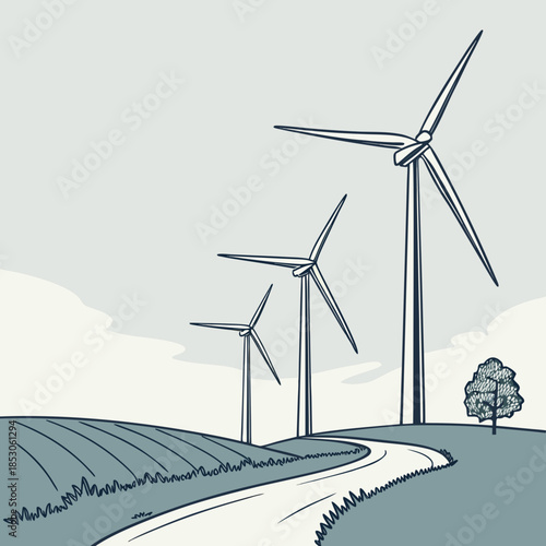 Wind turbines on rolling hills with road and tree wind farm