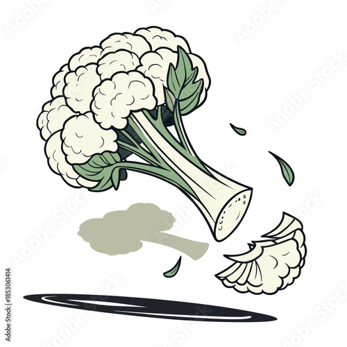 Floating cauliflower with sliced base and leaves on white background