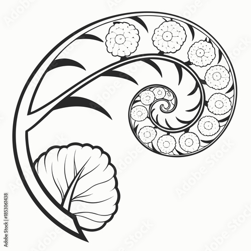 Spiral with mini cauliflowers on white background black and white