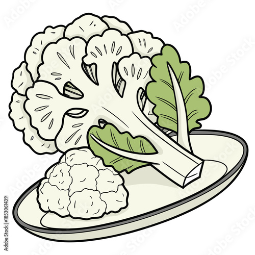 Cartoon cauliflower on plate with green leaves vegetable