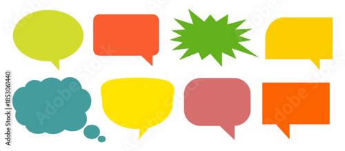 A simple design set of colorful message comment chat boxes. A collection of comic and social media speech bubbles, text boxes, and chat boxes. A vector set of comic and social media speech bubbles.