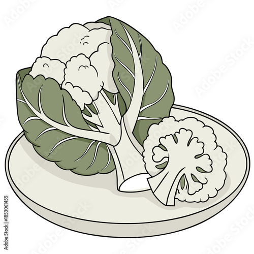 Cut piece of cauliflower on ceramic plate with green leaves