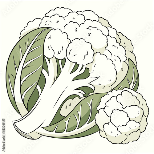 Cartoon style cauliflower with green leaves and white florets