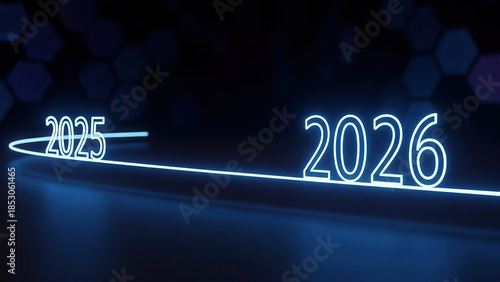 Thin neon line bending from 2025 into 2026 dark futuristic art