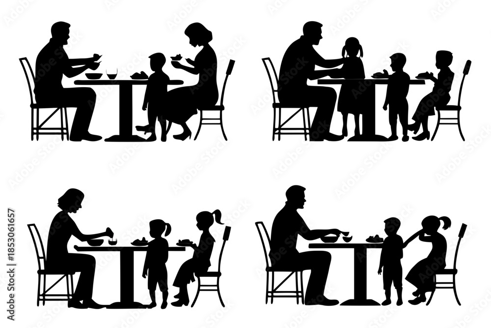 Fototapeta premium Family dinner table pack silhouette vector illustration isolated on white background