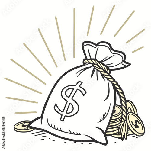 Open money bag with coins and sunburst symbolizing success