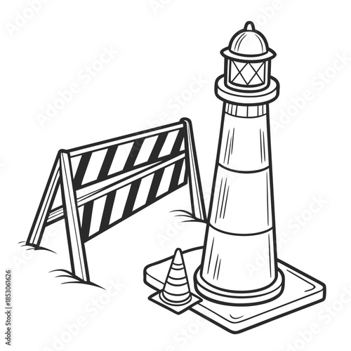 Black and white of a lighthouse with a roadblock traffic cone