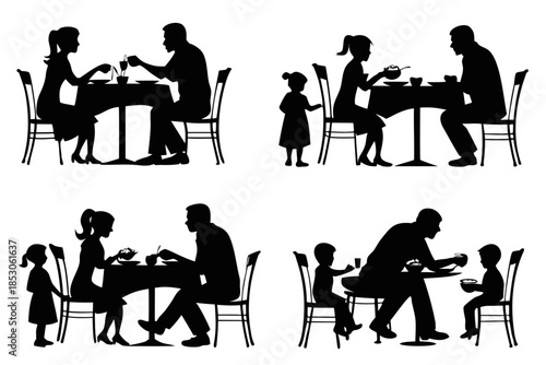 set of Family dinner table silhouette vector illustration isolated on white background