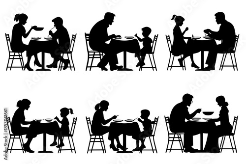 Family dinner table bundle silhouette vector illustration isolated on white background