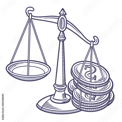 Semi transparent coins forming unbalanced justice scale