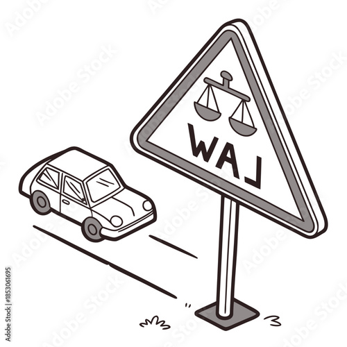 Simplified metallic law sign with soft reflection and speeding car