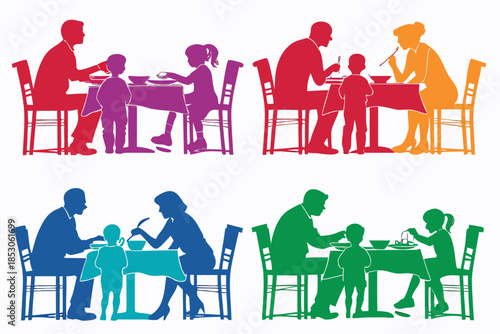 Family dinner table bundle silhouette vector illustration isolated on white background