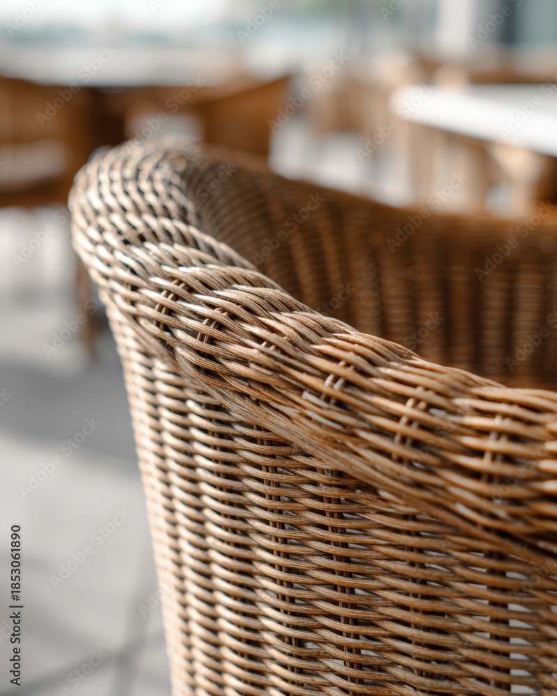 Obraz premium Close-up of wicker chair in outdoor setting for interior design and hospitality themes,National Wicker Day