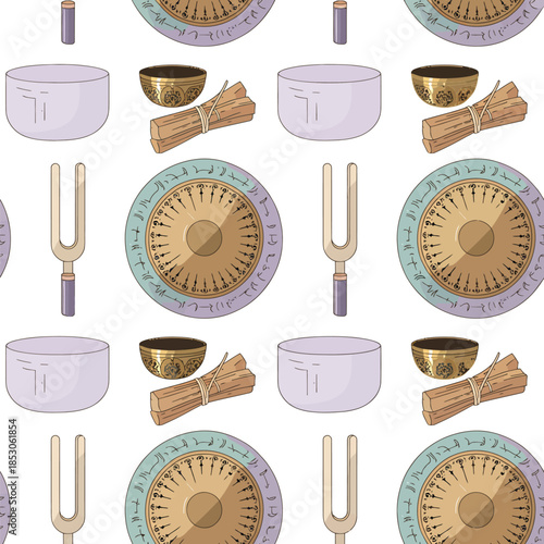 Tibetan Singing Bowls and Tuning Forks on White Background