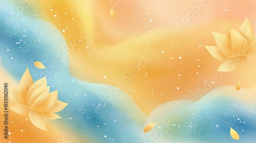Soft watercolor illustration featuring golden lotus flowers against a dreamy gradient background of orange and blue hues, creating a serene and tranquil atmosphere with copy space