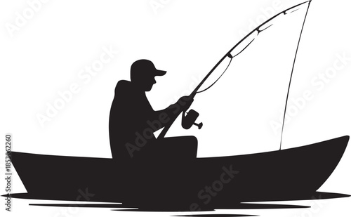 PSilhouette of man fishing in a small boat on calm waterrint
