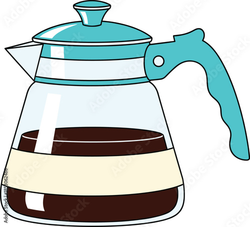 Glass coffee pot with handle and lid showing brewed beverage layers representing cafe service and kitchen drinkware flat vector illustration