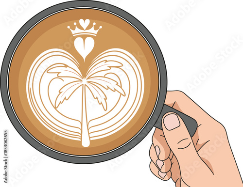 Top view latte art coffee cup held by hand with crown heart pattern representing barista creativity and cafe culture vector illustration