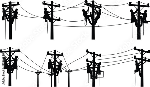 Vector silhouette of utility workers climbing power poles for electrical maintenance, infrastructure service, energy distribution, and industrial safety concept.