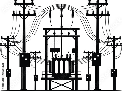 Vector silhouette of electrical substation with transformer, utility poles, and power lines for energy distribution, infrastructure, and industrial design reference.