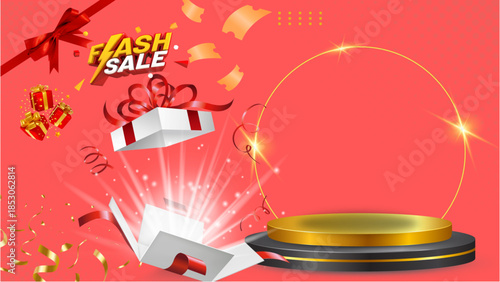 Product display stand with promotional images. Suitable for posters, banners for mega sales, flash sales, grand openings, and discounts.