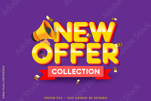 Modern vector banner with 3D style text NOW OFFER, new offer with megaphone. Web element