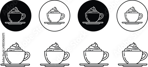 Coffee cup icons set with cream topping in outline and solid styles for cafe menu and branding design