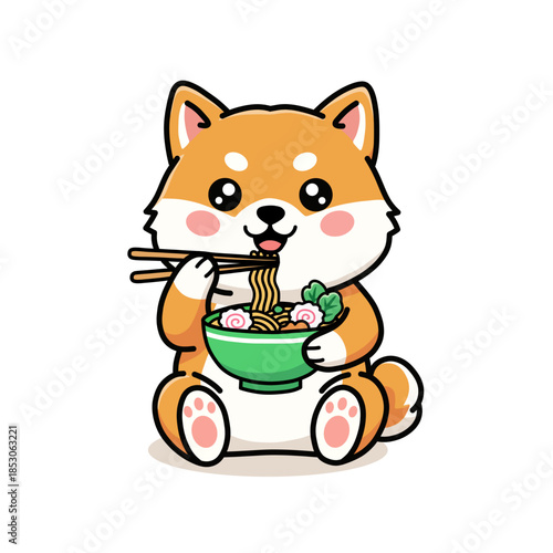 Cute Cartoon Shiba Inu Dog Enjoying a Bowl of Delicious Ramen