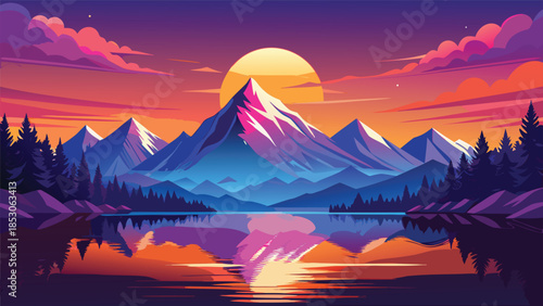 Vivid sunset over snow capped mountains and lake sunrise