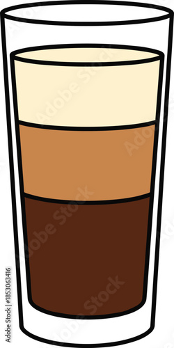 Layered coffee drink in tall glass showing milk espresso and crema representing cafe beverage flat vector illustration