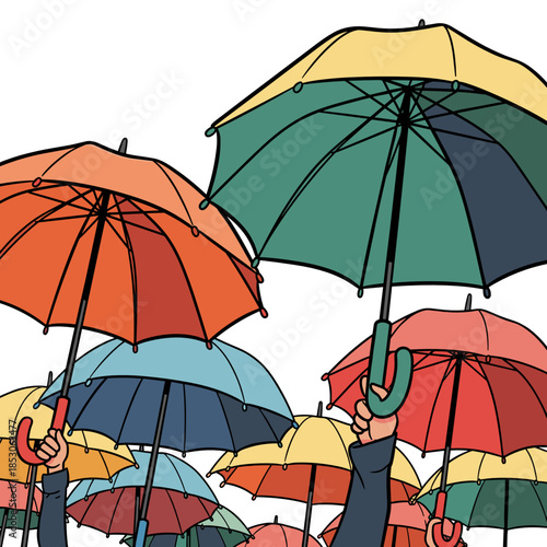 Colorful umbrellas held by diverse hands in a vibrant urban setting  