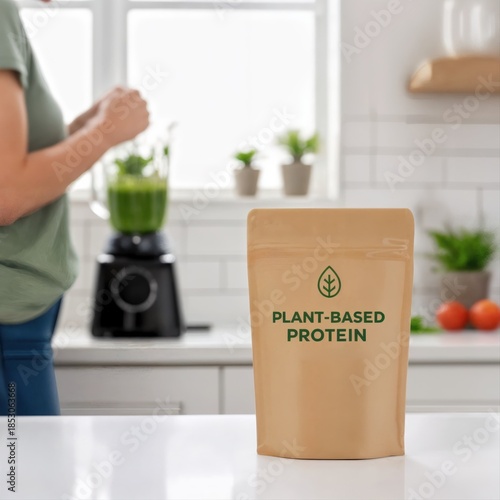 Plant-based protein pouch on counter with person blending green smoothie in kitchen. Space for text.