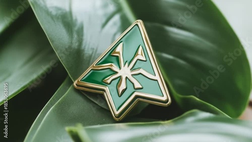 Elegant Emblem on Lush Foliage: A Delicate Green and Gold Artistic Display