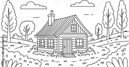Black and White Illustration of a Cozy Log Cabin Surrounded by Trees, Hills, and Clouds, Perfect for Nature-Inspired Art, Relaxation, and Rural Living Designs.