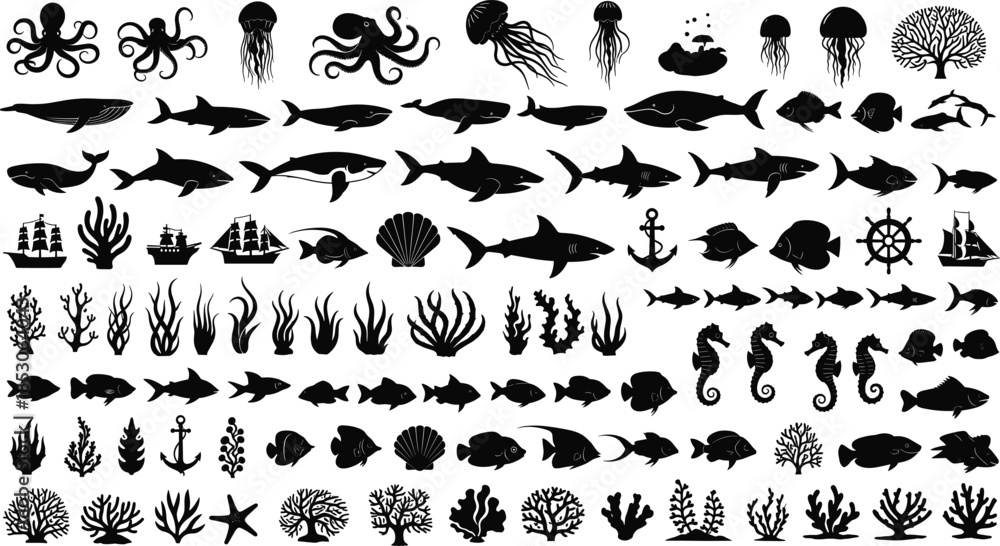 Obraz premium Black marine life and nautical silhouette icon set with fish, sharks, whales, coral, anchors on white background