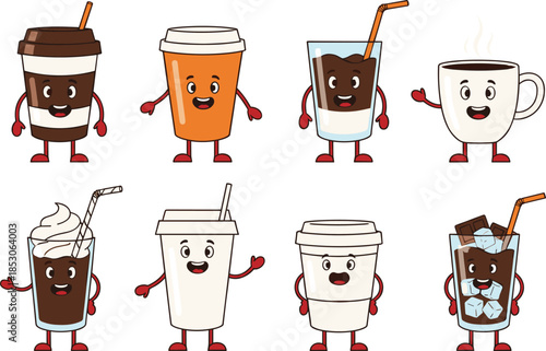 Cute cartoon coffee drink characters set featuring hot and iced beverages with smiling faces in playful flat vector style