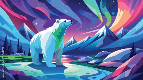 Polar bear under aurora borealis in stylized landscape