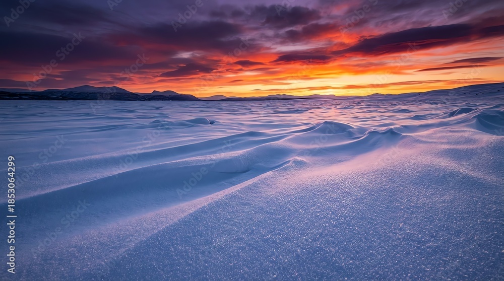 Fototapeta premium Vibrant Sunset Over a Serene Winter Landscape with Snow Drifts.