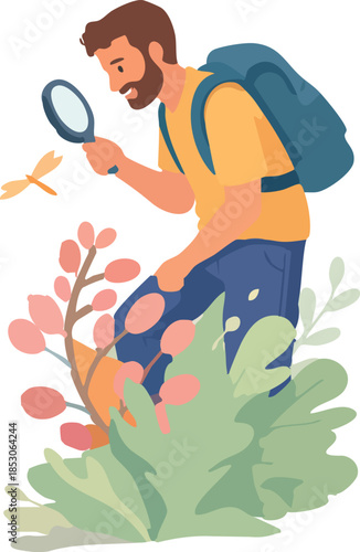A flat vector illustration of a bearded man with a backpack examining a butterfly and plants through a magnifying glass in a nature exploration scene.