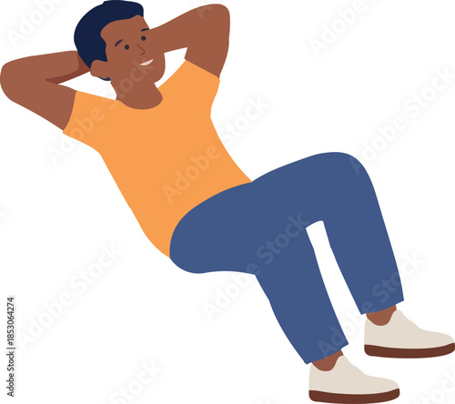 A flat vector illustration of a relaxed man reclining with hands behind his head, smiling calmly in a minimal modern style.