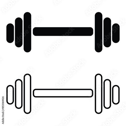 Dumbbell icons set in outlined and filled flat style. Gym heavy strength training dumbbell line pictograms. Weight lifting dumbbell signs eps 10